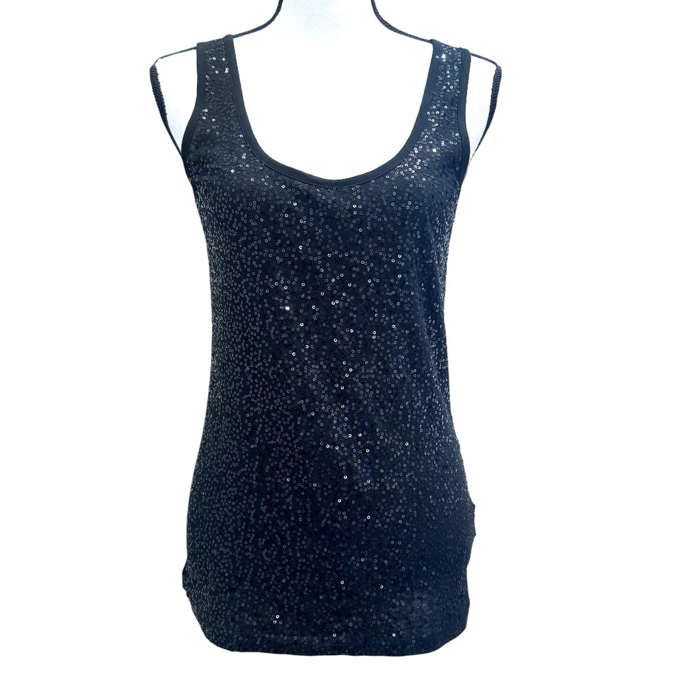 DKNY BLACK SEQUINS SCOOP NECK SLEEVELESS COTTON TOP